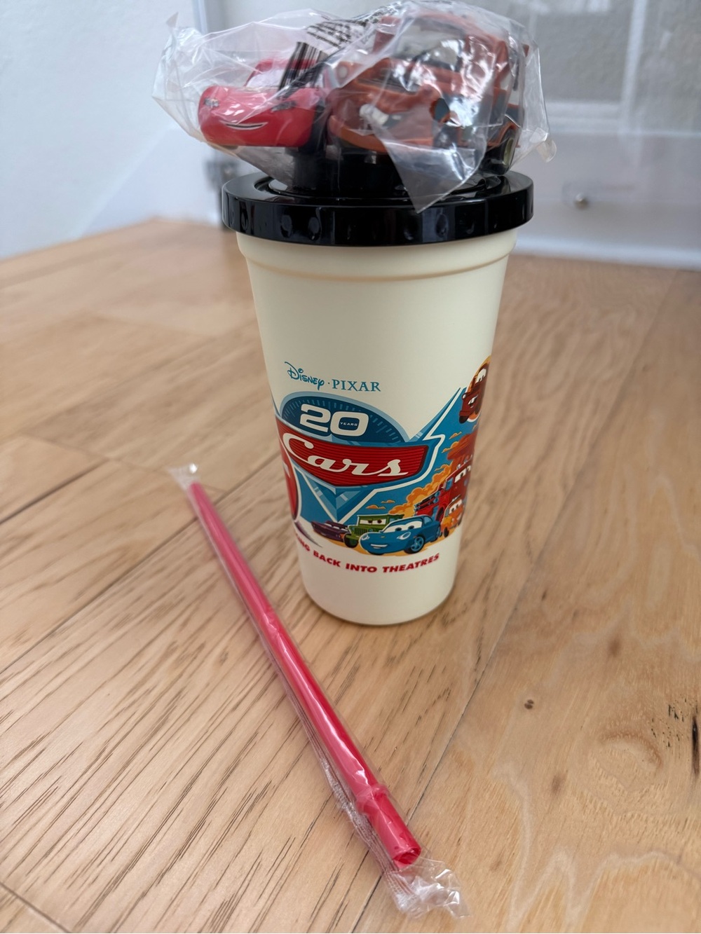 Disney Cars 20th Anniversary Cream Cup with Black Lid and Red Straw